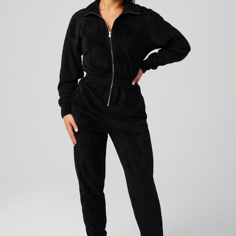 Fabletics Black Cozy Cord Zip Front Jumpsuit Size Large NWT